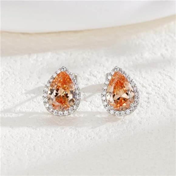 Champagne Teardrop Halo Stud Earrings Cubic Zirconia Simulated Diamond Jewelry - Picture 4 of 7